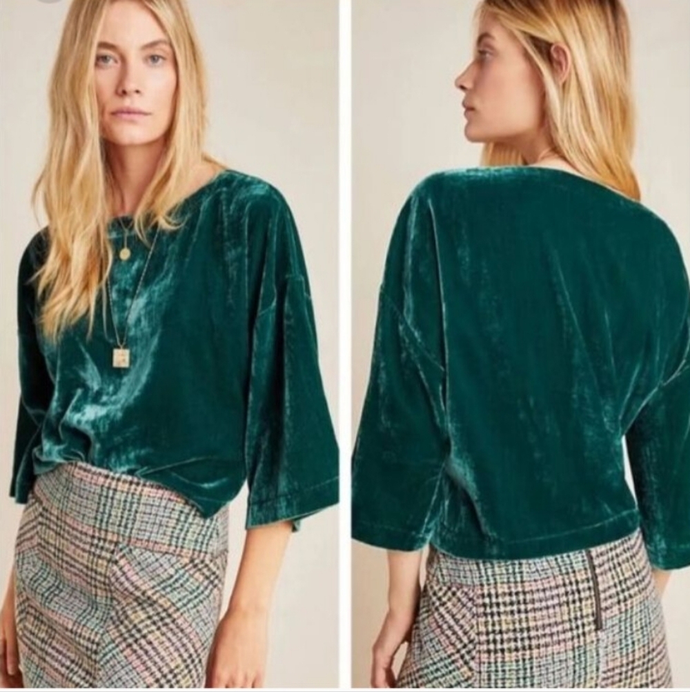 CUPCAKES and CASHMERE - anthropology - Velvet Green Boatneck 3/4 Sleeve Blouse M
